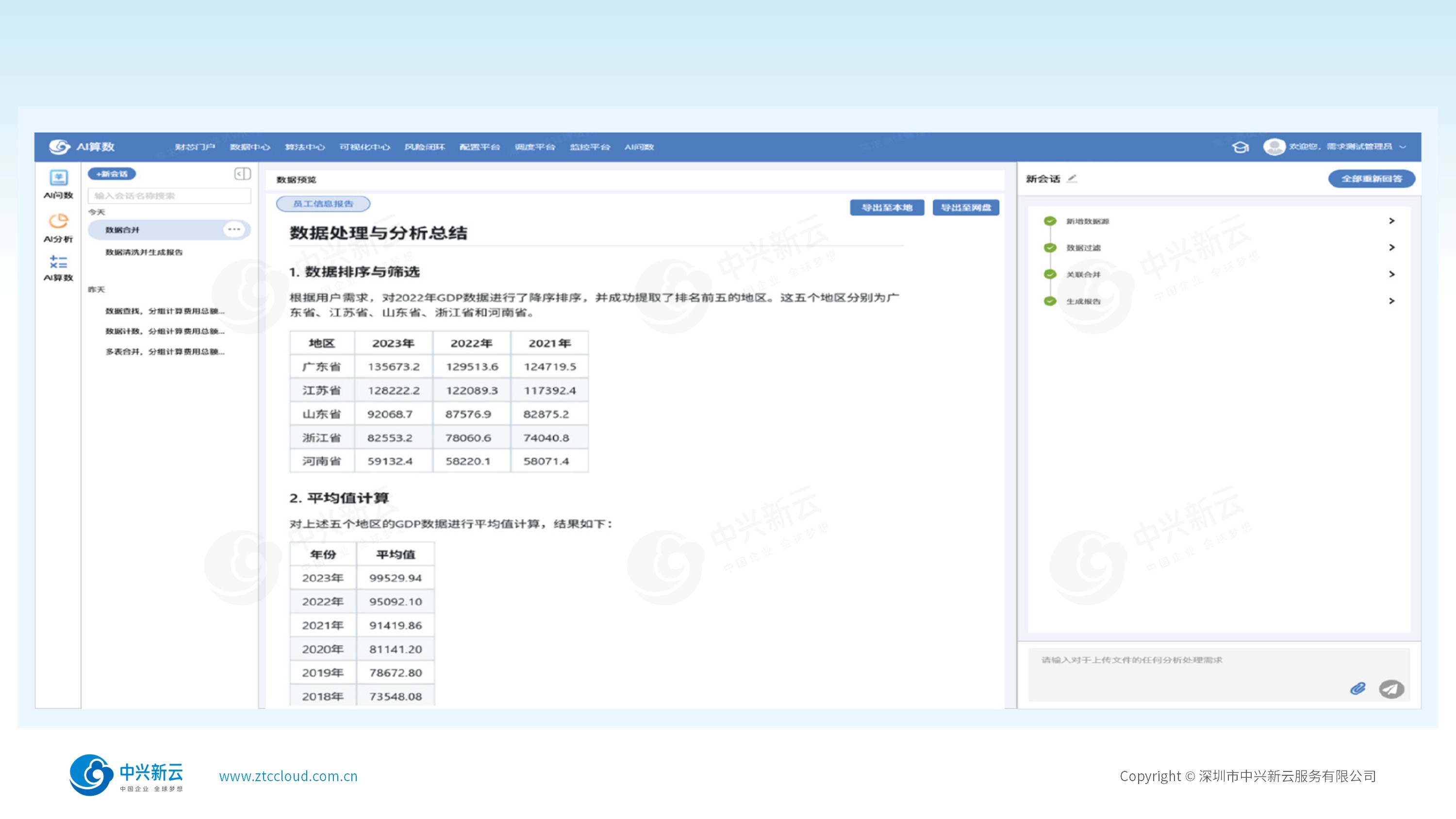中兴新云 AI 算数智能体数据处理报告智能生成示意图