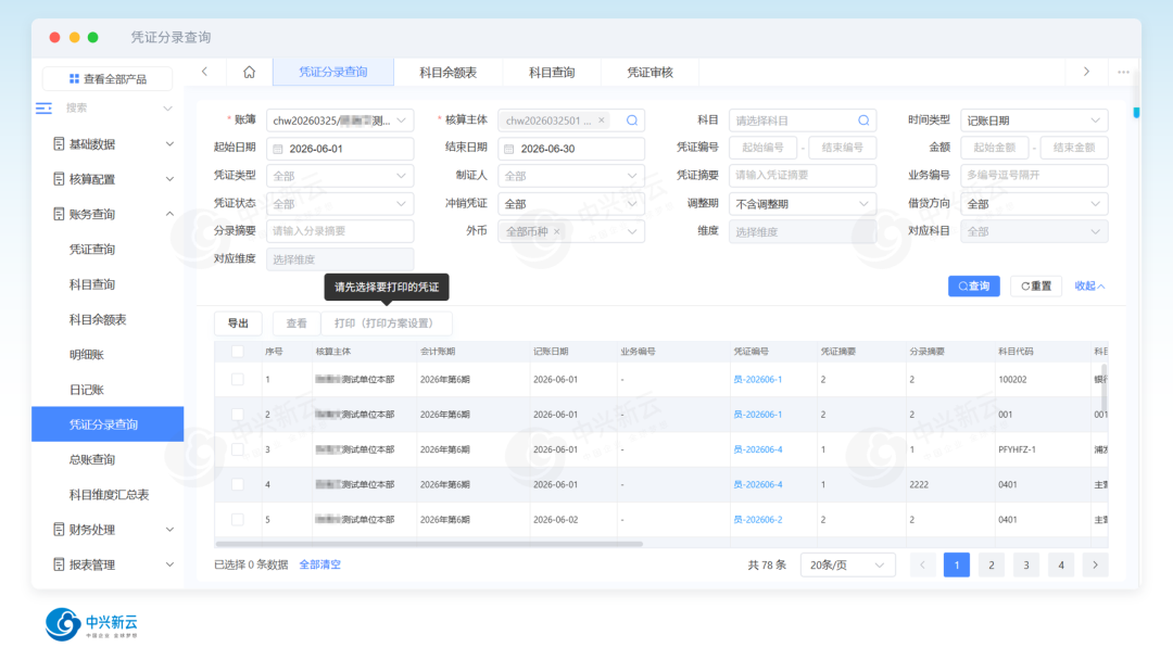 会计核算系统凭证分录查询界面